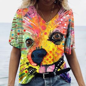 Women's V-neck Top Short Sleeve T-shirts Summer New 3D Cute Dog Print Casual Lovely Harajuku Versatile (Color: WVLDXM210-0155, size: L)