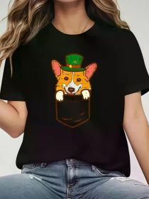 Leprechaun Welsh Corgi Pocket St Patricks Day Pet Dog Gift T-Shirt Print Round Neck Short Sleeve T-Shirt For Women CasualSummerWomen Top Graphic (Color: Black, size: M)
