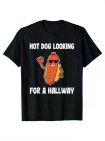 Men's Cotton T-Shirt with Fun Hot Dog Graphic - "Hot Dog Looking for a Hallway" Design, Casual Round Neck Short Sleeve Tee (Color: Black, size: M)