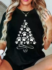 Women's Casual Crew Neck T-Shirt with Geometric Dog Paw Christmas Tree Print, Slight Stretch Knit Fabric (Color: Black, size: XXL)