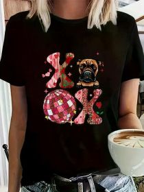 Fashion Women'S "Valentine'S Day Disco Ball Dog Rose" Printed Casual Short Sleeve T-Shirt, Soft Comfortable Crew (Color: Black, size: XXL)
