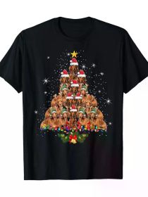 Men's 100% Cotton T-Shirt - Dachshund Christmas Tree and Dog Xmas Lights Funny Pajama Tee (Color: Black, size: L)