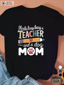 Ladies Pattern T-shirt - Comfortable polyester short sleeve shirt with "Teacher and Dog Mom" design, round neck casual top (Color: Black, size: S)