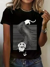 Dog print crew neck T-shirt, spring and summer casual short-sleeved T-shirt, (Color: Black, size: L)