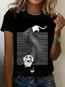 Dog print crew neck T-shirt, spring and summer casual short-sleeved T-shirt, (Color: Black, size: XL)