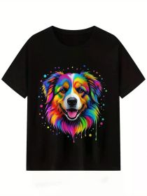 Men's Vibrant Dog Print Casual T-Shirt - Short Sleeve Crew Neck, Summer Outdoor Cotton Tee with Colorful Splash Design (Color: Black, size: XL)