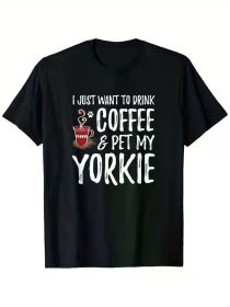 1pc "Coffee & Yorkie" Humorous Dog Lover T-Shirt - 100% Cotton, Black Short Sleeve with Coffee Cup Graphic, Ideal Gift (Color: Black, size: XL)