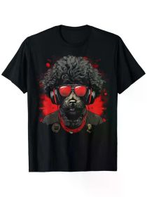 100% Cotton Black Video Gaming T-Shirt for Women - Fun Poodle Dog Design with Red Fashion Glasses & Headphones, Short Sleeve (Color: Black, size: M)