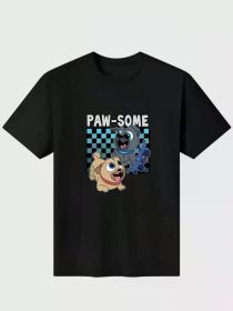 Men's Paw-Some Cartoon Dog Graphic T-Shirt - Black Casual Cotton Tee with Checkered (Color: Black, size: L)