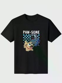 Men's Paw-Some Cartoon Dog Graphic T-Shirt - Black Casual Cotton Tee with Checkered (Color: Black, size: M)