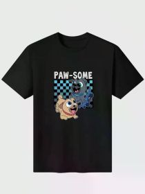 Men's Paw-Some Cartoon Dog Graphic T-Shirt - Black Casual Cotton Tee with Checkered (Color: Black, size: XL)