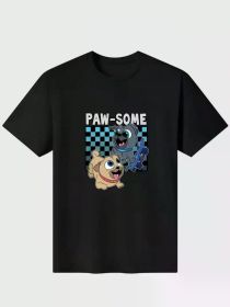 Men's Paw-Some Cartoon Dog Graphic T-Shirt - Black Casual Cotton Tee with Checkered (Color: Black, size: S)