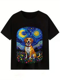 Men's Starry Night Dog Art Graphic T-Shirt, Comfy Stretch Cotton Tee with Van Gogh Inspired Design, Short Sleeve Casual Summer Top for Casual Att (Color: Black, size: L)