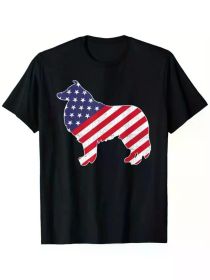 Men's Vintage Collie Dog & American Flag T-Shirt - 100% Cotton, Patriotic Design, Crew Neck (Color: Black, size: S)