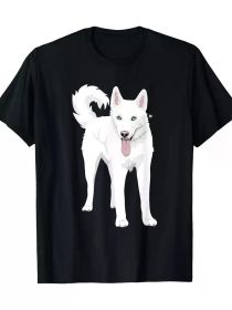 1pc Adult Crew Neck T-Shirt with Cute White Siberian Husky Dog Print, 100% Cotton, Geometric Pattern, All-Season, Medium Stretch, Regular Fit (Color: Black, size: M)
