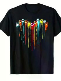 Colored Dog Paw Heart Pattern T-Shirt - Designed For Vibrant Pet Lovers - Black Cotton T-Shirt, (Color: Black, size: S)
