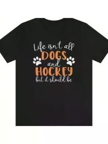 Men's 100% Cotton Funny Dogs & Hockey Print T-Shirt, Black Crew Neck Short Sleeve Tee with Paw Graphics (Color: Black, size: L)