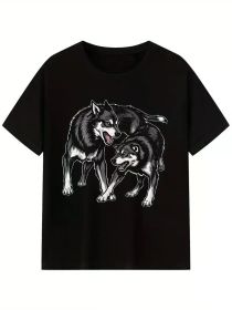Wild dogs print Casual Crew Neck Short Sleeves for men, Quick-drying Comfy Casual Summer T-Shirt For Daily Wear (Color: Black, size: XXL)