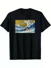 Funny Retro Vintage Surfing A Wave Boxer Dog Lover T-Shirt (Color: Black, size: L)