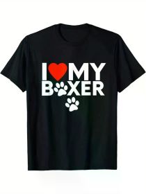 I Love My Boxer" Men's T-Shirt with Red Heart & Paw Print Design - Soft Cotton, Casual Fit, Round Neck, Short Sleeve - Ideal Gift for Dog Lovers (Color: Black, size: L)