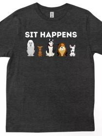 Funny Dog Training Art T-Shirt for Men & Women - "Sit Happens" Graphic Tee with Dogs & Puppies, 100% Cotton, Casual Round Neck, Machine Washable (Color: Black, size: M)