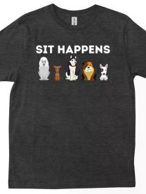 Funny Dog Training Art T-Shirt for Men & Women - "Sit Happens" Graphic Tee with Dogs & Puppies, 100% Cotton, Casual Round Neck, Machine Washable (Color: Black, size: L)