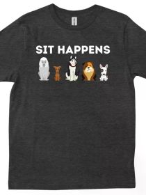 Funny Dog Training Art T-Shirt for Men & Women - "Sit Happens" Graphic Tee with Dogs & Puppies, 100% Cotton, Casual Round Neck, Machine Washable (Color: Black, size: XXXL)