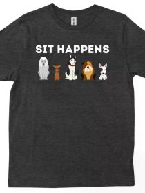 Funny Dog Training Art T-Shirt for Men & Women - "Sit Happens" Graphic Tee with Dogs & Puppies, 100% Cotton, Casual Round Neck, Machine Washable (Color: Black, size: XXL)