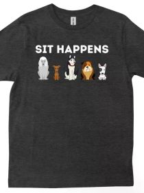 Funny Dog Training Art T-Shirt for Men & Women - "Sit Happens" Graphic Tee with Dogs & Puppies, 100% Cotton, Casual Round Neck, Machine Washable (Color: Black, size: S)