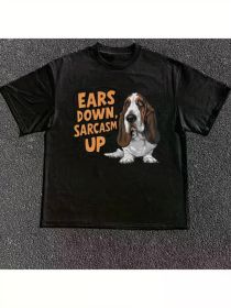 1pc Men's Funny Sarcastic Dog Graphic T-Shirt - "Ears Sarcasm Up" Design, 100% Cotton, Heavyweight (Color: Black, size: XXXL)