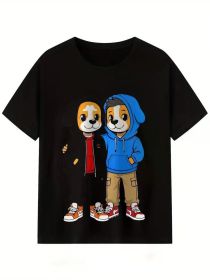 Men's Casual Short Sleeve Crew Neck T-Shirt with Cartoon Dog & Boy Print - Black Cotton Tee for Summer and Spring, Machine Washable, Trendy Graph (Color: Black, size: L)