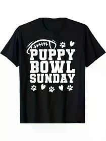 Men's Puppy Bowl Sunday T-Shirt - Black Cotton Casual Tee with Dog Lover Design, Football & Paw Prints, Regular Fit, Machine Washable, (Color: Black, size: M)