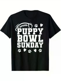 Men's Puppy Bowl Sunday T-Shirt - Black Cotton Casual Tee with Dog Lover Design, Football & Paw Prints, Regular Fit, Machine Washable, (Color: Black, size: XXL)