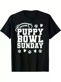 Men's Puppy Bowl Sunday T-Shirt - Black Cotton Casual Tee with Dog Lover Design, Football & Paw Prints, Regular Fit, Machine Washable, (Color: Black, size: S)