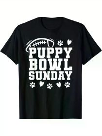 Men's Puppy Bowl Sunday T-Shirt - Black Cotton Casual Tee with Dog Lover Design, Football & Paw Prints, Regular Fit, Machine Washable, (Color: Black, size: XXXL)