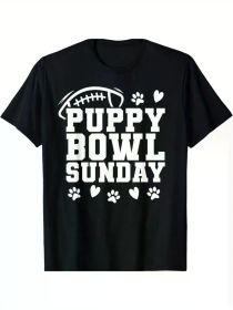Men's Puppy Bowl Sunday T-Shirt - Black Cotton Casual Tee with Dog Lover Design, Football & Paw Prints, Regular Fit, Machine Washable, (Color: Black, size: L)