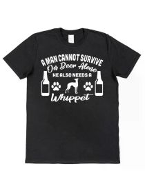 Men's Whippet Lover T-Shirt - 'A for Man Cannot Survive on Beer Alone' Funny Dog Design, (Color: Black, size: S)