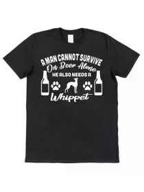 Men's Whippet Lover T-Shirt - 'A for Man Cannot Survive on Beer Alone' Funny Dog Design, (Color: Black, size: L)