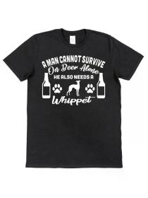 Men's Whippet Lover T-Shirt - 'A for Man Cannot Survive on Beer Alone' Funny Dog Design, (Color: Black, size: XXXL)