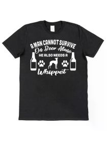 Men's Whippet Lover T-Shirt - 'A for Man Cannot Survive on Beer Alone' Funny Dog Design, (Color: Black, size: M)