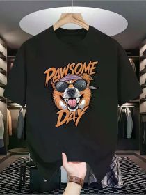 Handsome Dog Print T-Shirt, Summer Casual Short Sleeved Round Neck T-Shirt, Versatile And (Color: Black, size: XL)