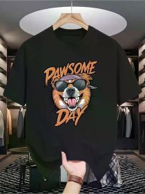 Handsome Dog Print T-Shirt, Summer Casual Short Sleeved Round Neck T-Shirt, Versatile And (Color: Black, size: L)