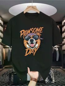 Handsome Dog Print T-Shirt, Summer Casual Short Sleeved Round Neck T-Shirt, Versatile And (Color: Black, size: S)