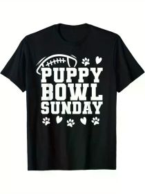 Men's Puppy Bowl Sunday T-Shirt - Black Cotton Casual Tee with Dog Lover Design (Color: Black, size: XXXL)