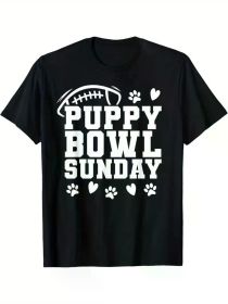 Men's Puppy Bowl Sunday T-Shirt - Black Cotton Casual Tee with Dog Lover Design (Color: Black, size: L)