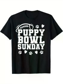 Men's Puppy Bowl Sunday T-Shirt - Black Cotton Casual Tee with Dog Lover Design (Color: Black, size: XXL)