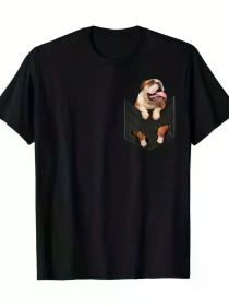 Adult English Bulldog Pocket Graphic T-Shirt - 100% Cotton, All-Season, Geometric Pattern, Round Neck, Regular Fit, Humorous Dog Design for Pet L (Color: Black, size: XL)