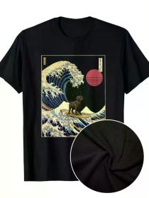 Men's 100% Cotton T-Shirt with Funny Surfing Dog Graphic, Black Labrador Japanese Kanagawa Wave Design, Short Sleeve (Color: Black, size: L)