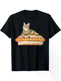 Adult Unisex Cotton T-Shirt, Crew Neck, Slight Stretch Knit Fabric, Regular Fit, with Hot Dog and Cat Applique, Geometric Pattern (Color: Black, size: XXXL)