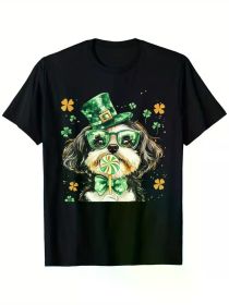 Dog Lover Four Leaf Clover Lucky Shamrock Irish Day T-Shirt, 100% Cotton, Single Side Printed, (Color: Black, size: S)